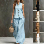 Elegant Cotton-Linen Women's Sleeveless Vest & Wide-Leg Matching Set | Effortless Co-Ord