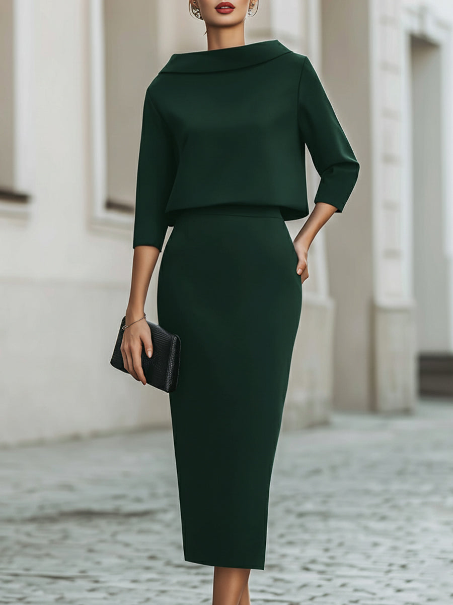 Boat-Neck Top & Midi Skirt Set — Two-Piece Outfit