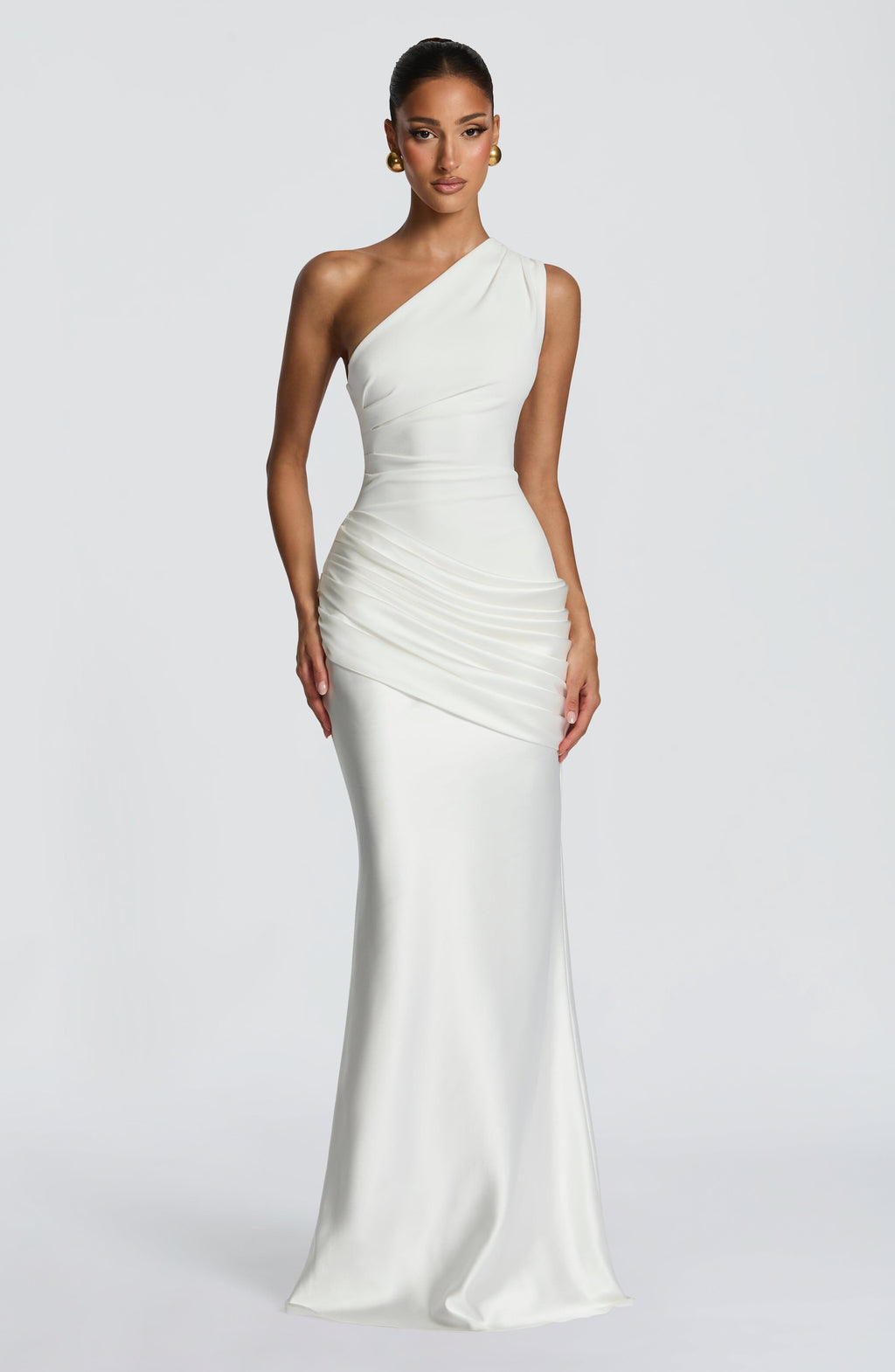 One-Shoulder Pleated Evening Gown — Floor-Length
