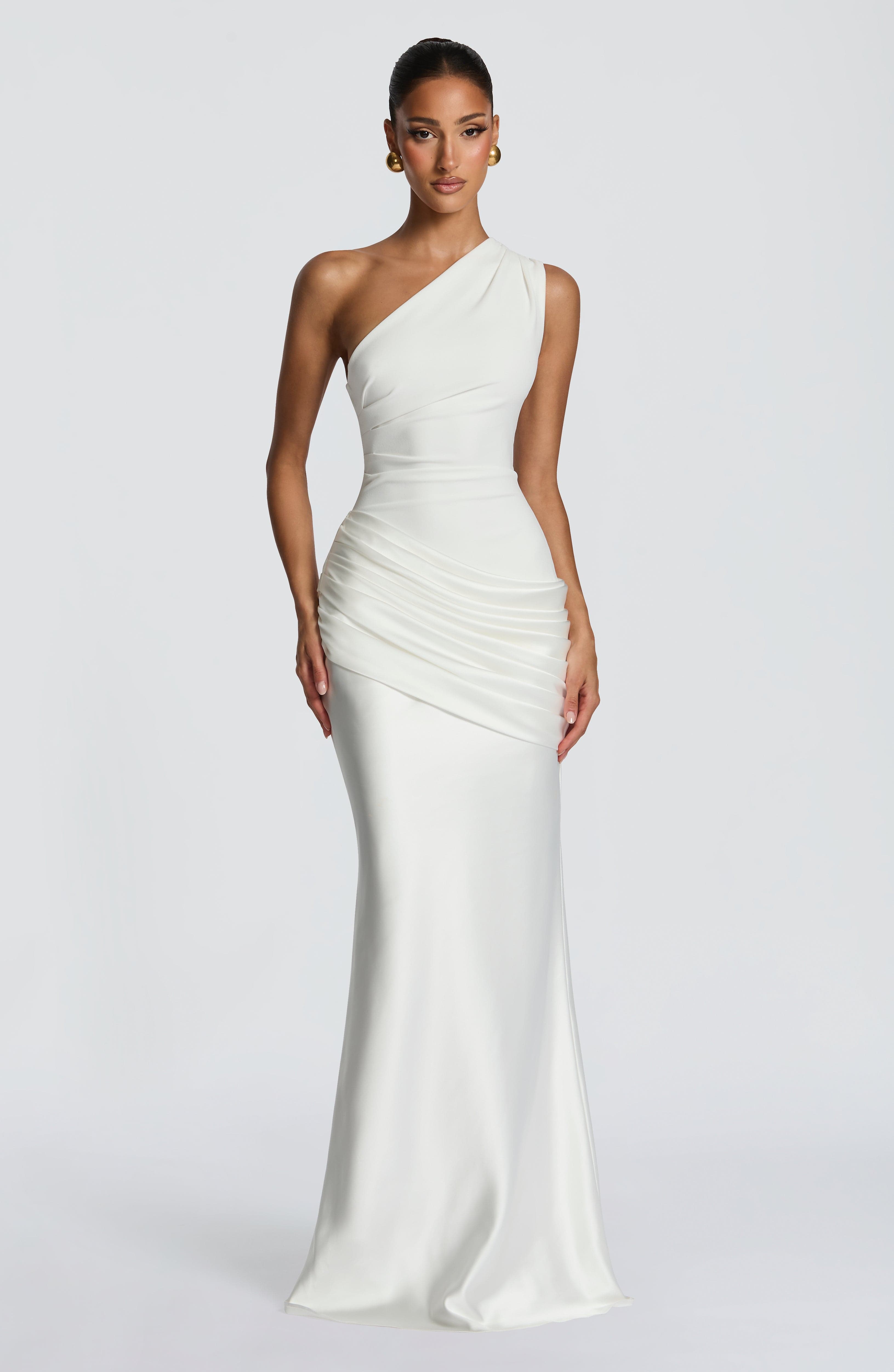 One-Shoulder Pleated Evening Gown — Floor-Length