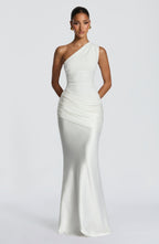 One-Shoulder Pleated Evening Gown — Floor-Length
