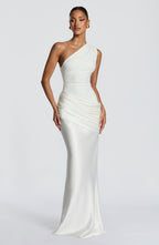 One-Shoulder Pleated Evening Gown — Floor-Length
