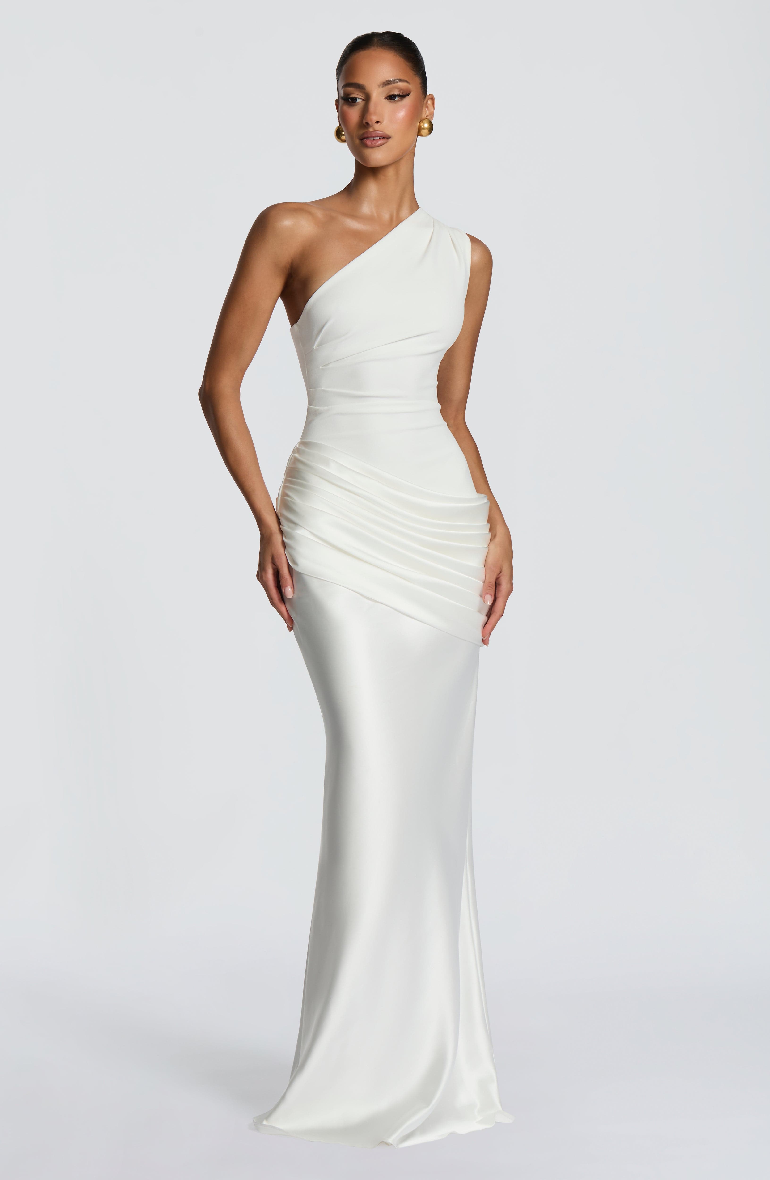 One-Shoulder Pleated Evening Gown — Floor-Length