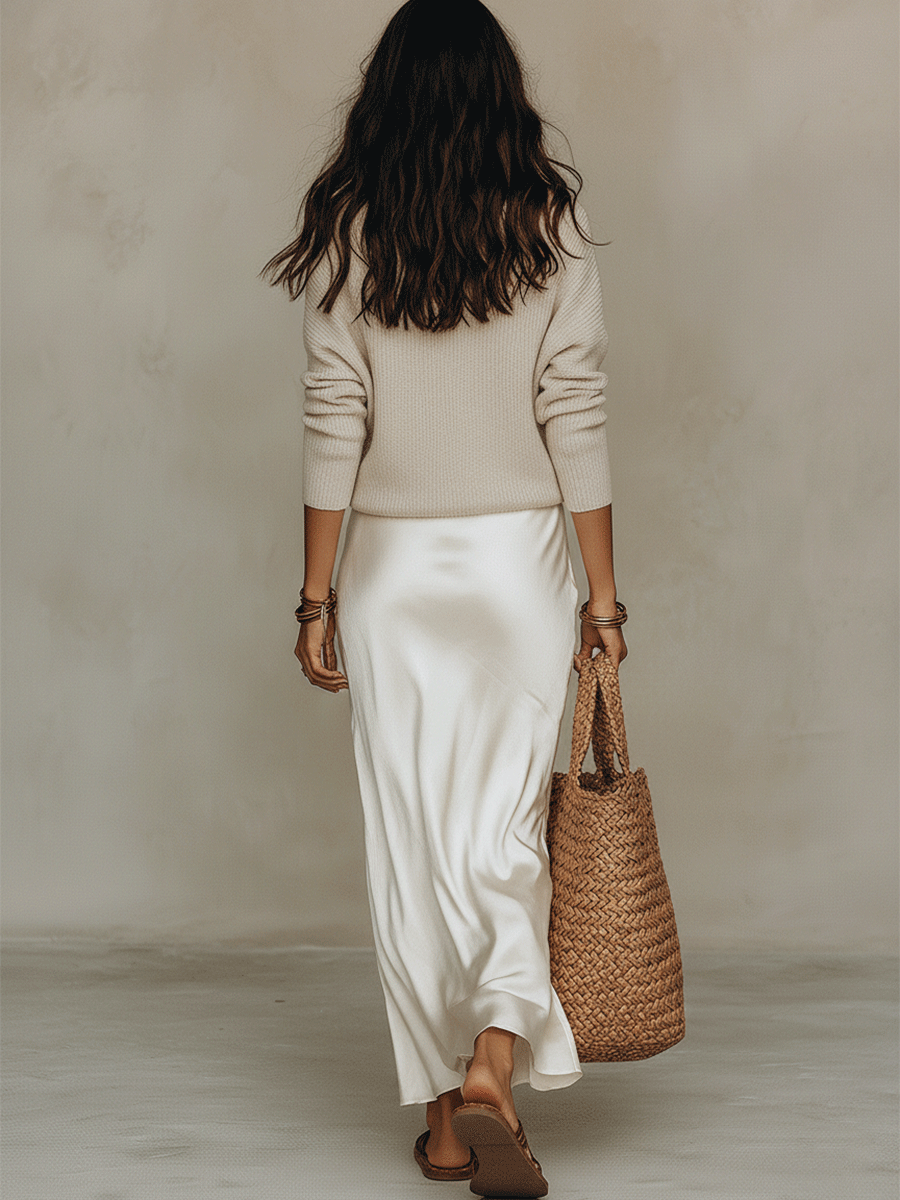 Elegant Midi Ensemble | Women's Dress with Ivory Knit Top & Satin Skirt | Effortless Style for Any Occasion