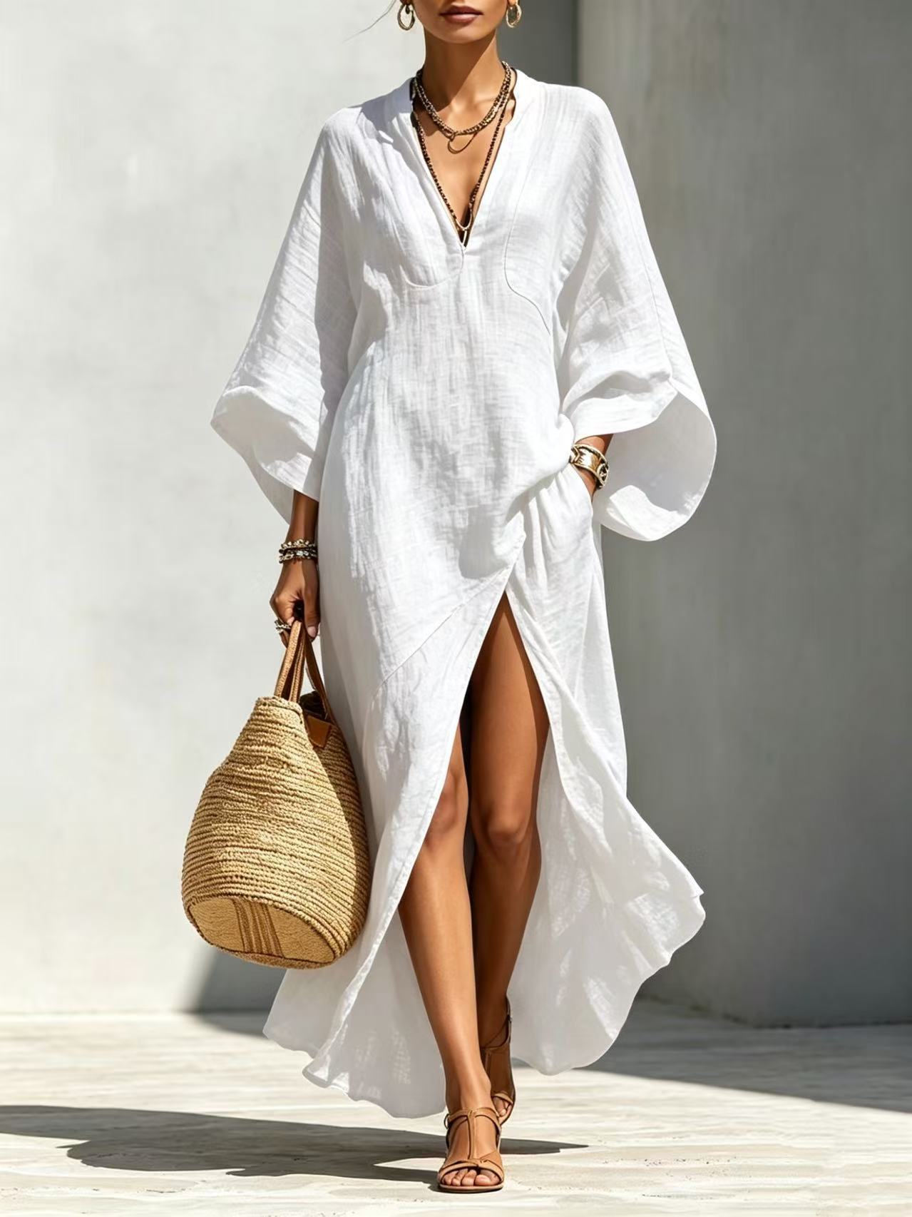 White Batwing-Sleeve Maxi Dress — Resort Style