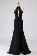 Elegant Satin | Women's Mermaid Dress with Halter Neck & Slit | Formal Maxi Dress for Special Occasions