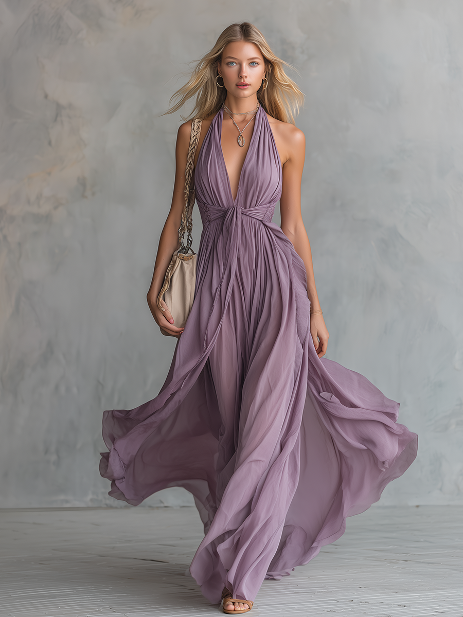 Elegant Sleeveless Maxi Dress with Halter Neckline | A-line Style for Effortless Formal Occasions