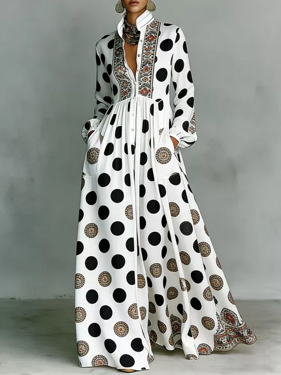 Elegant white long-sleeve maxi dress with pockets, front view