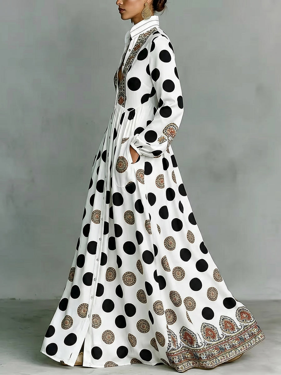 White flowy maxi dress with long sleeves and high waist, side view