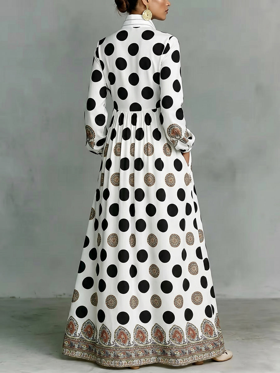 White long-sleeve maxi dress with stand collar and buttoned front detail