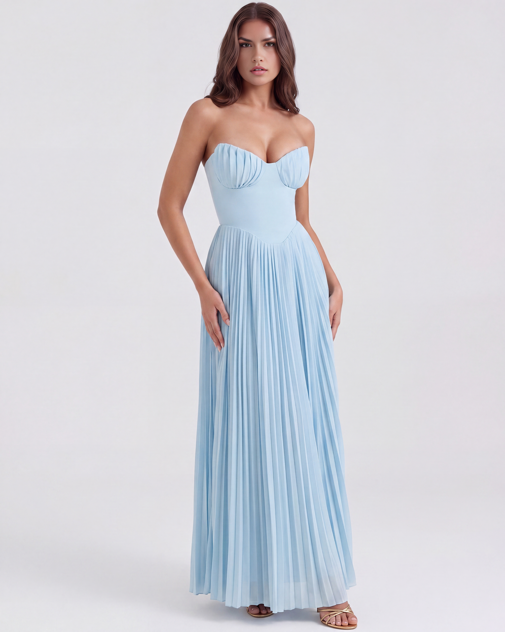 Ethereal Ocean Blue Maxi Dress – Long Sleeve Design with Shell...
