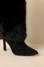 Women's Fine Point Black Faux Fur and Suede Pointed Toe Stiletto Boots | Heel measures 3.5" 5