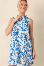 Women's Garden Song Blue & White Bird Print Sleeveless Mock Neck Mini Dress | 96% Polyester & 4% Spandex 5