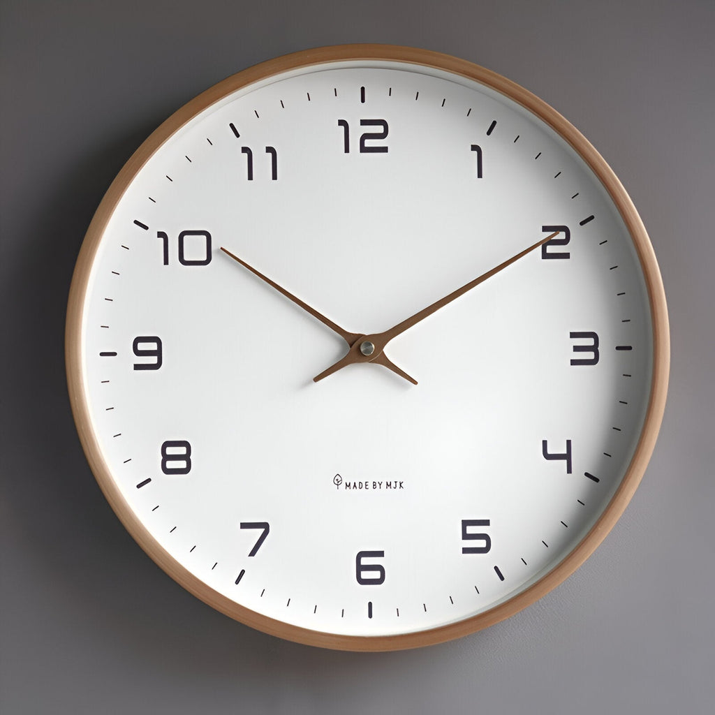 Nordic wall clock with wood frame, front view