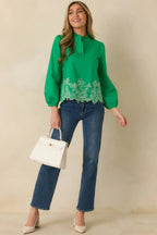 Women's I See You Spring Green Cotton Floral Embroidered Puff Sleeve Top | 100% Cotton 2