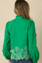 Women's I See You Spring Green Cotton Floral Embroidered Puff Sleeve Top | 100% Cotton 7