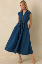 Women's I'm All In Dark Wash Denim Tie-Belt Midi Dress | 50% Cotton 5