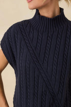 Women's I'm Sure of It Navy Cable Knit Sleeveless Mock Neck Sweater | 60% Cotton & 40% Acrylic 2