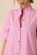 Women's In Perfect Order Pink Stripe Button Front Ruffle Collar Midi Shirt Dress | 100% Polyester 1