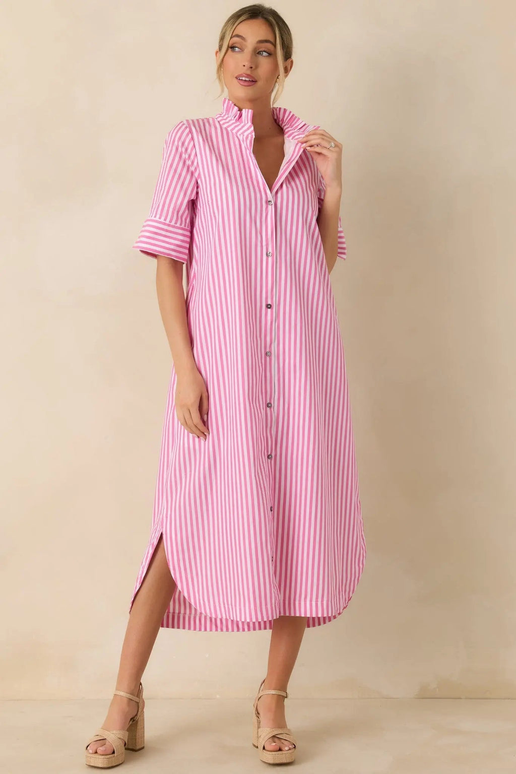 Women's In Perfect Order Pink Stripe Button Front Ruffle Collar Midi Shirt Dress | 100% Polyester 3