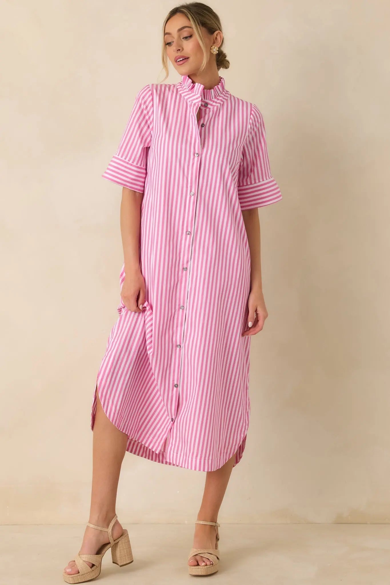 Women's In Perfect Order Pink Stripe Button Front Ruffle Collar Midi Shirt Dress | 100% Polyester 6