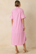 Women's In Perfect Order Pink Stripe Button Front Ruffle Collar Midi Shirt Dress | 100% Polyester 7