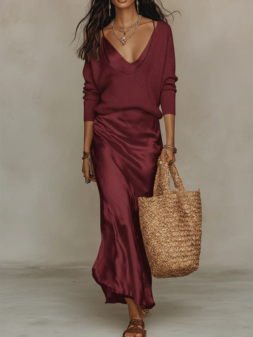 White Satin Long-Sleeve Midi Dress