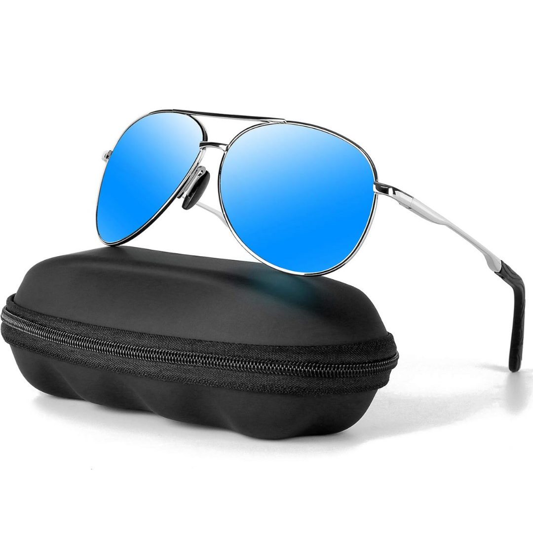 Polarized aviator sunglasses, silver frame with blue lens
