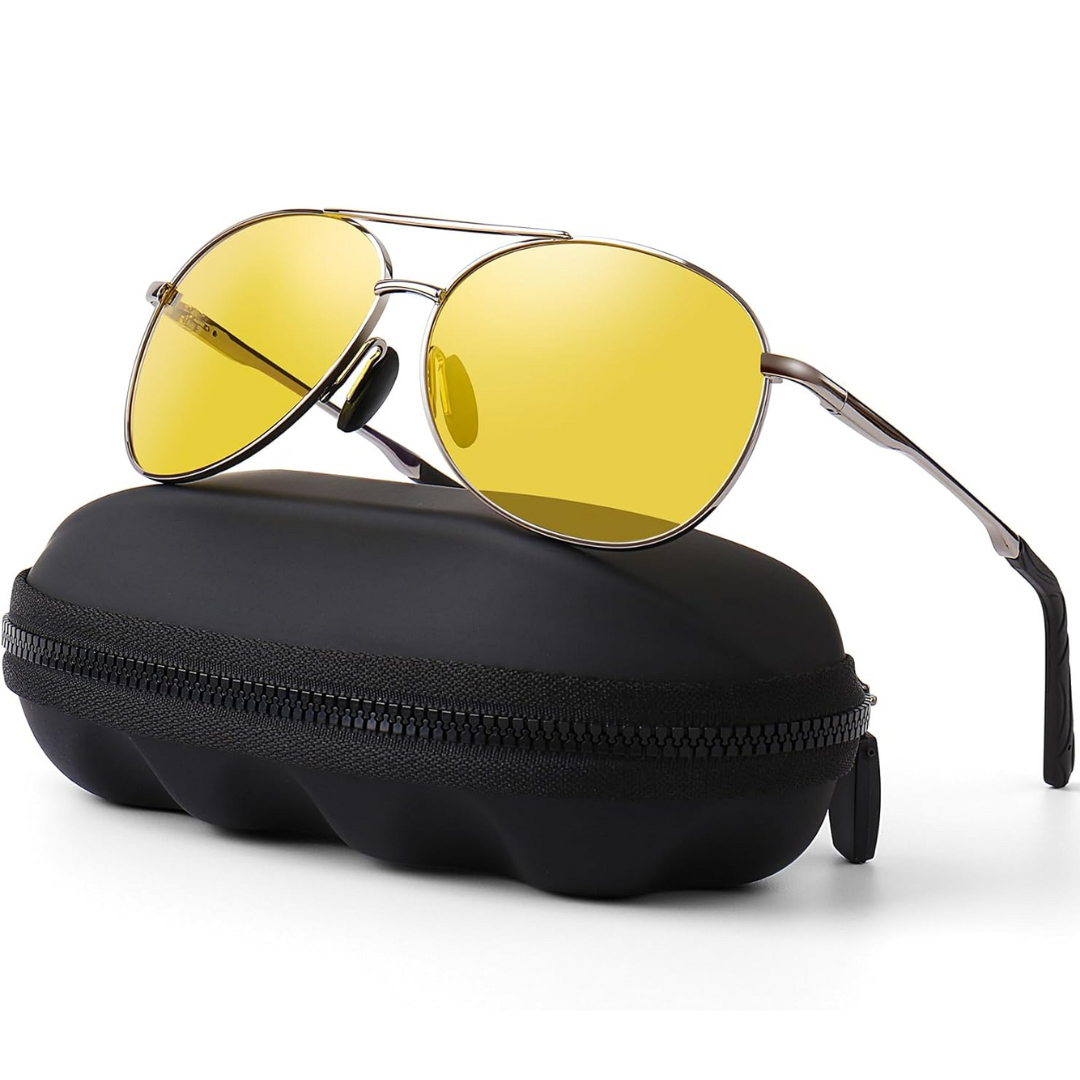 Polarized aviator sunglasses, gray frame with yellow lens