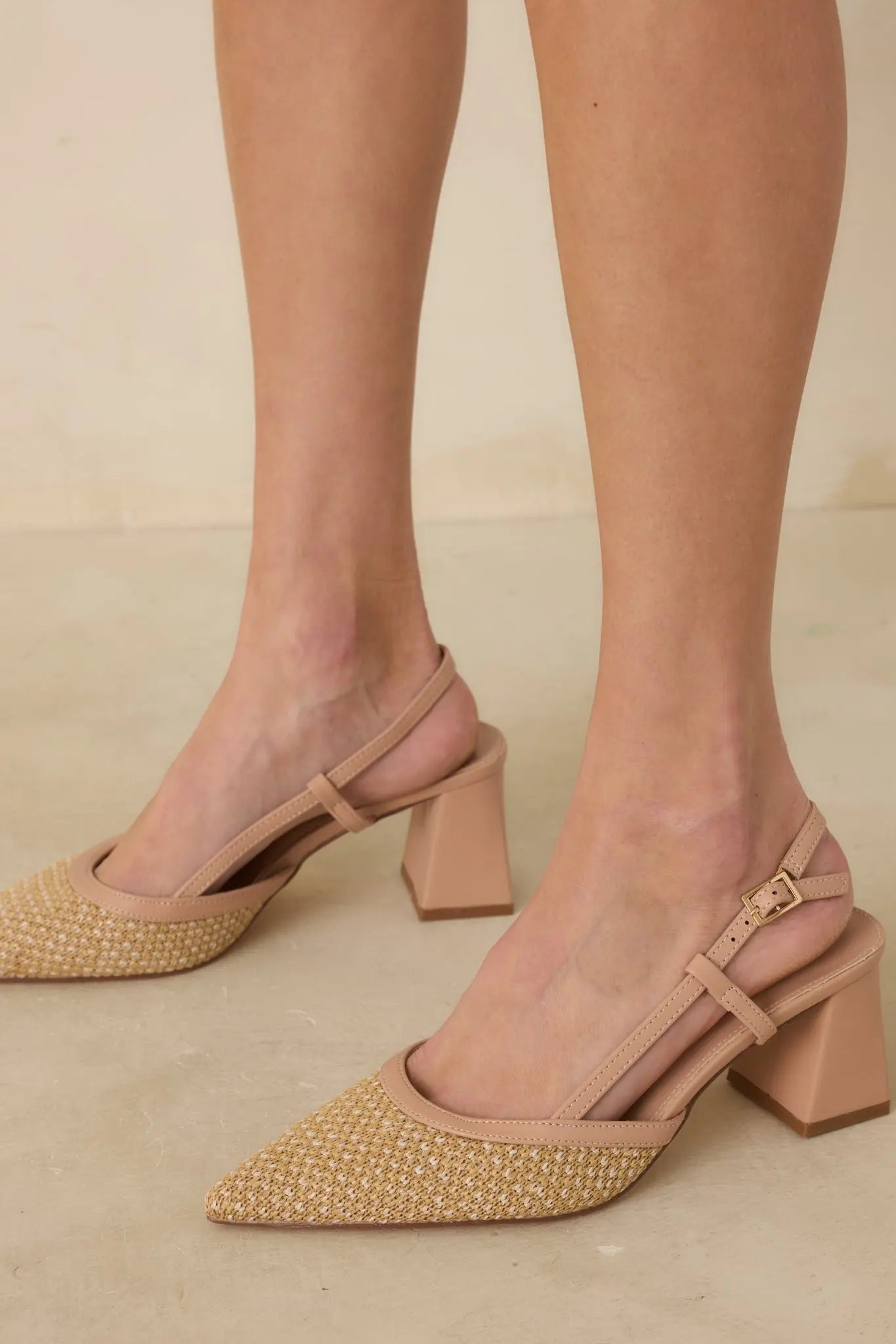 Women's Keeping It Real Beige Woven Pointed-Toe Slingback Heels | Heel measures 2.75" 1