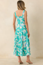 Women's Laguna Bloom Turquoise Multi Floral Sleeveless Midi Dress | 70% Rayon & 30% Linen 5