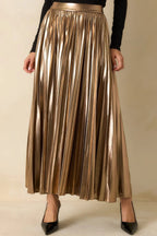 Women's Light the Night Bronze Metallic Pleated Maxi Skirt | 95% Polyester & 5% Spandex 3