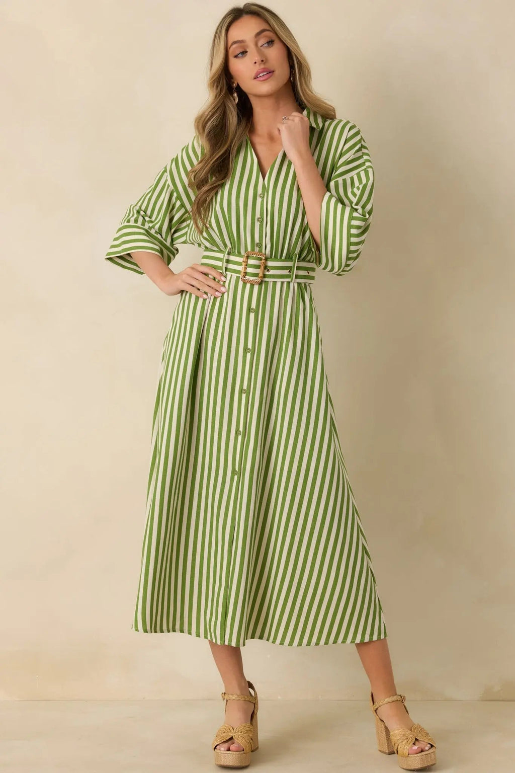 Women's Lighthearted Days Green Stripe Belted Button Front Maxi Shirt Dress | 40% Linen 0