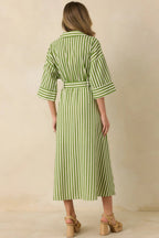 Women's Lighthearted Days Green Stripe Belted Button Front Maxi Shirt Dress | 40% Linen 6