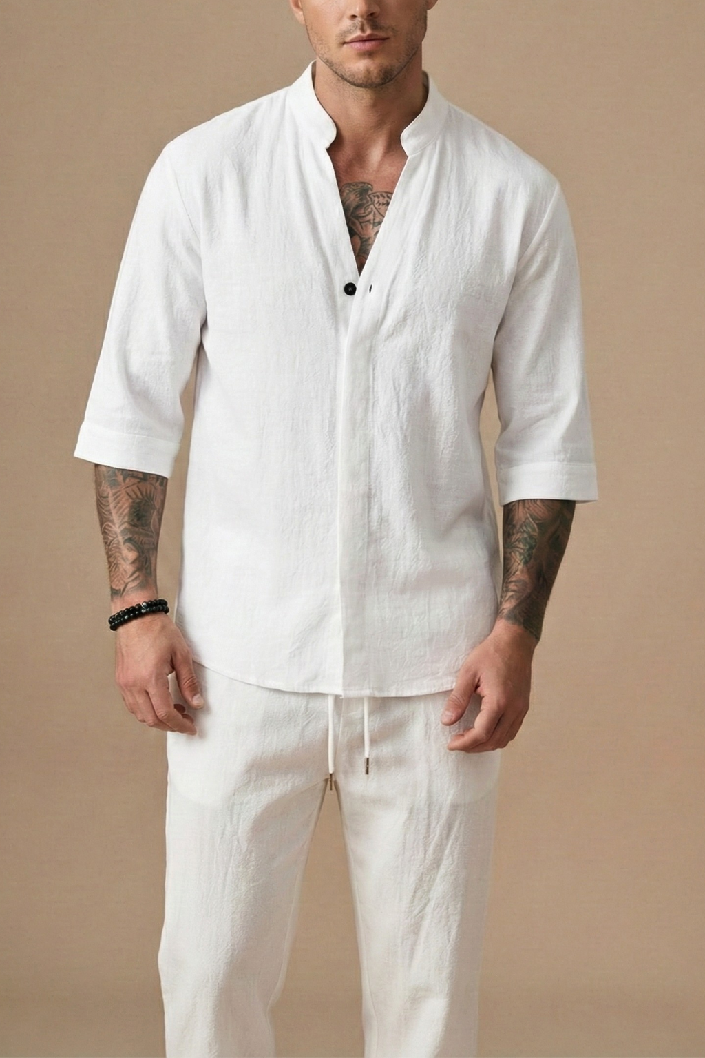 Linen Blend | Men's Matching Set | V-Neck & Drawstring Trousers | Summer Co-Ord