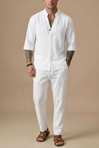 Linen Blend | Men's Matching Set | V-Neck & Drawstring Trousers | Summer Co-Ord