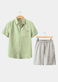 Women's Linen Shortsleeve Summer Set - Mint Green/Beige 0