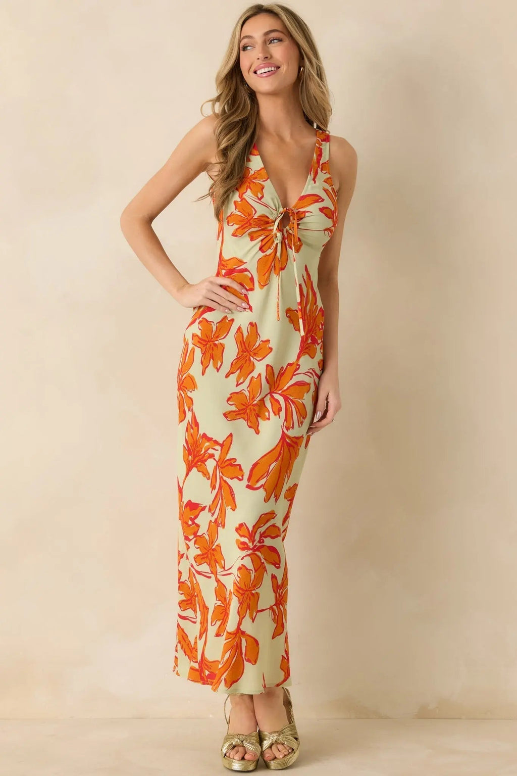 Women's MINKPINK Estelle Green & Orange Floral Print Keyhole Maxi Dress | 100% Viscose 3