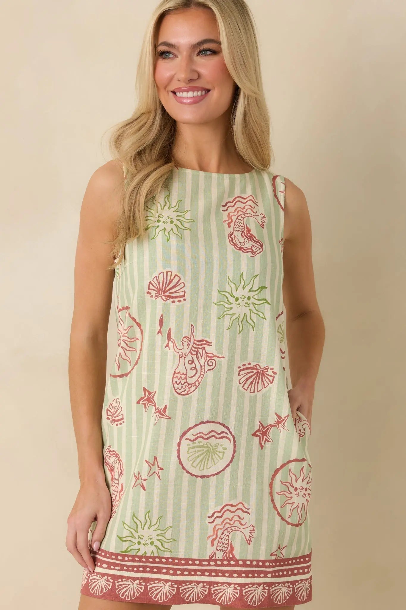 Women's MINKPINK Soleil Green Stripe Linen Blend Shift Mini Dress | 85% Viscose & 15% Linen 6