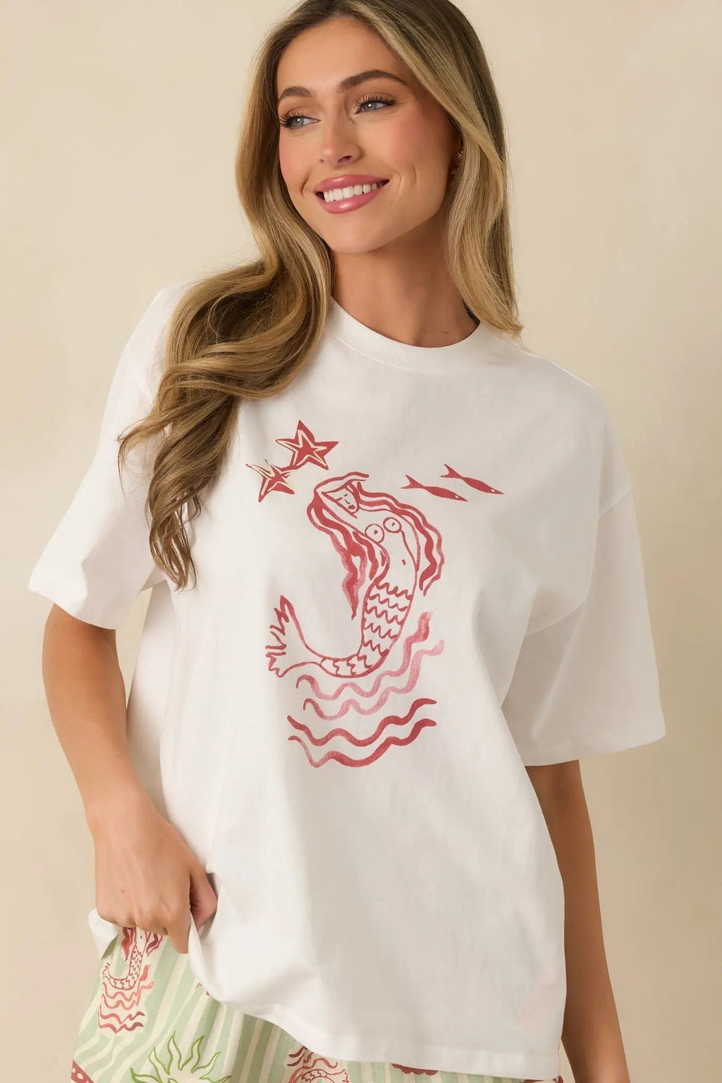 Women's MINKPINK Soleil White Cotton Mermaid Print T-Shirt | 100% Cotton 5