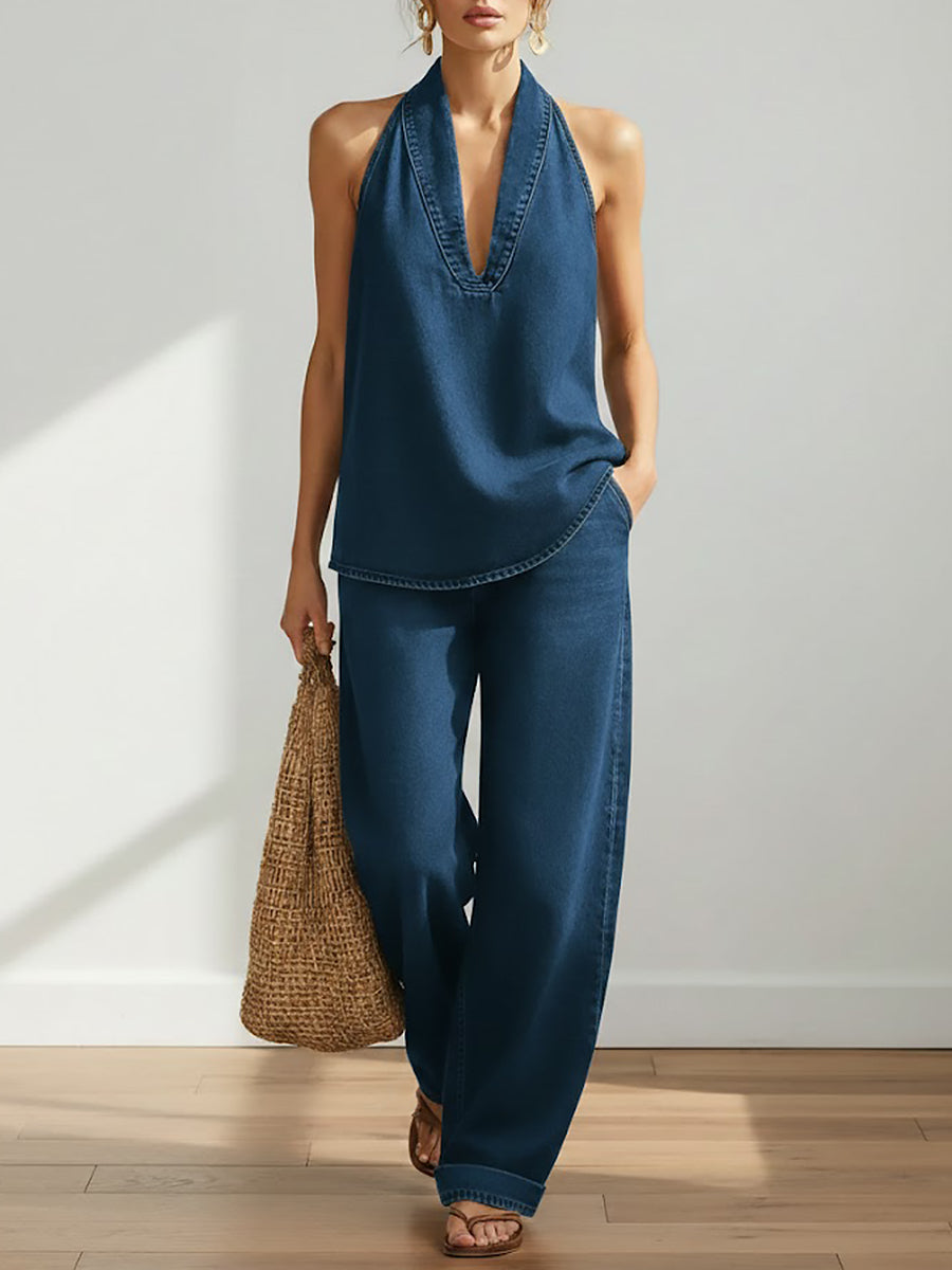 Minimalist Denim Set | Women's Outfit with Flattering V-Neck Top | Effortless Style for All-Day Comfort