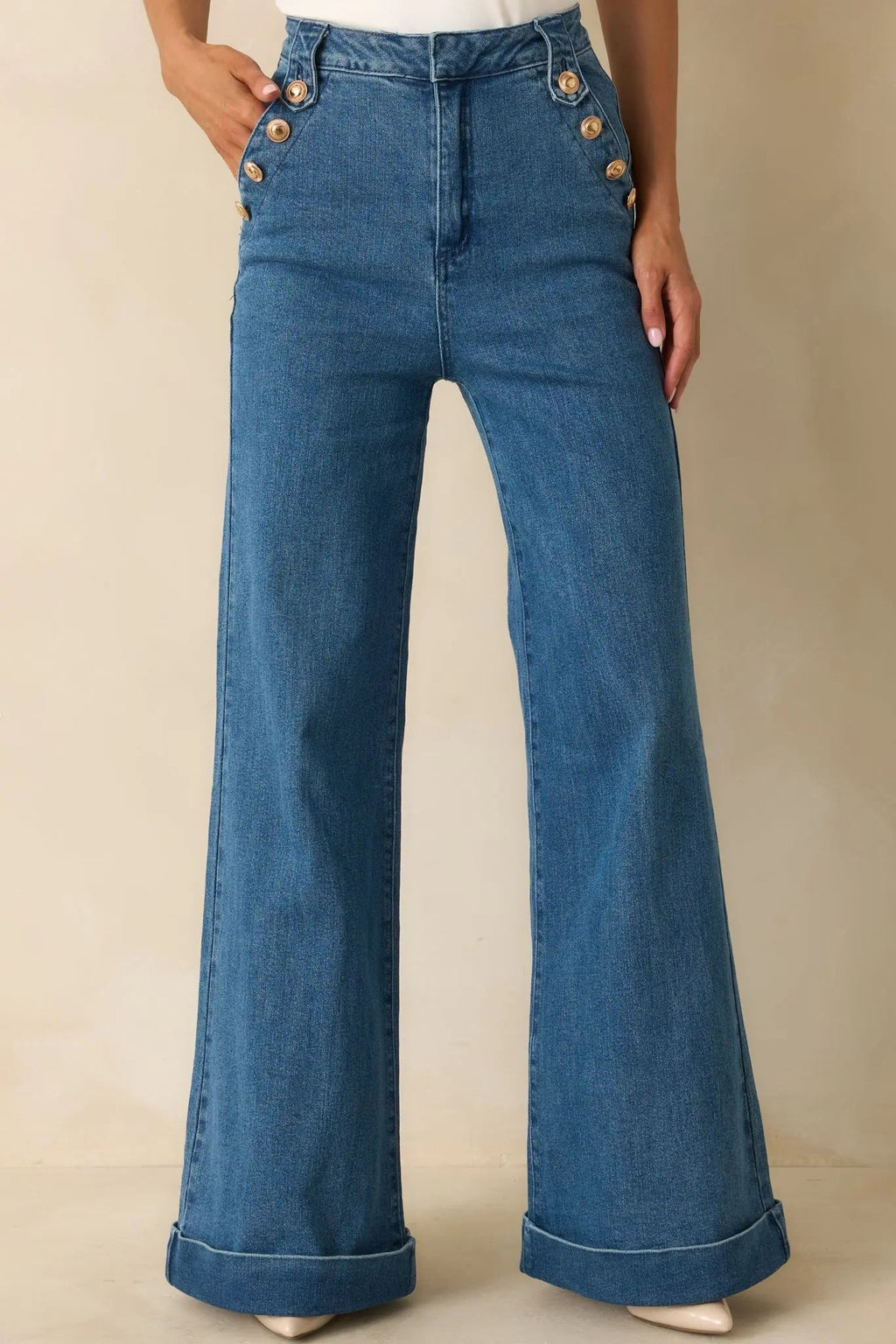 Indigo high-waisted stretch wide-leg jeans, front view