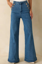 Indigo high-waisted stretch wide-leg jeans, front view