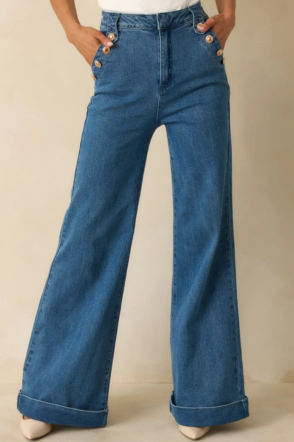 Indigo high-waisted stretch wide-leg jeans, side view