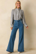 Indigo high-waisted stretch wide-leg jeans, back view