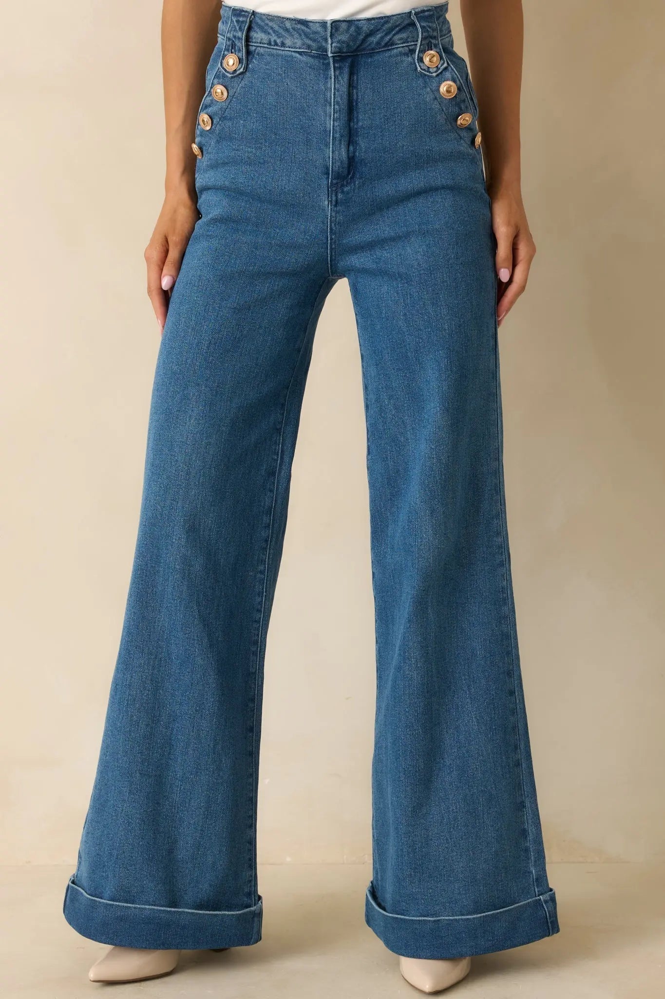Indigo high-waisted stretch wide-leg jeans, full-length view