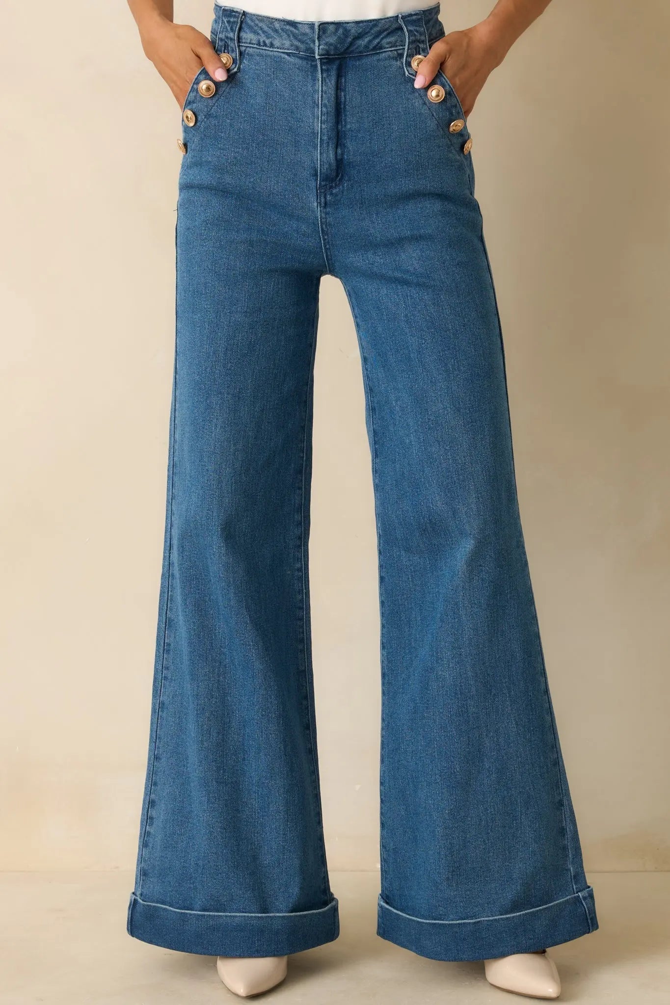 Indigo high-waisted stretch wide-leg jeans, styled outfit view