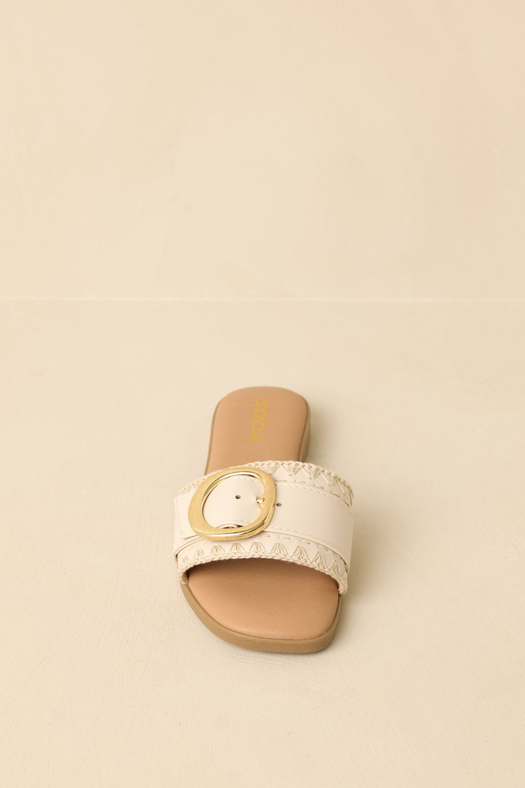 Women's New Adventures Beige Faux Leather Buckle Strap Slide Sandals | All Man Made Materials 5