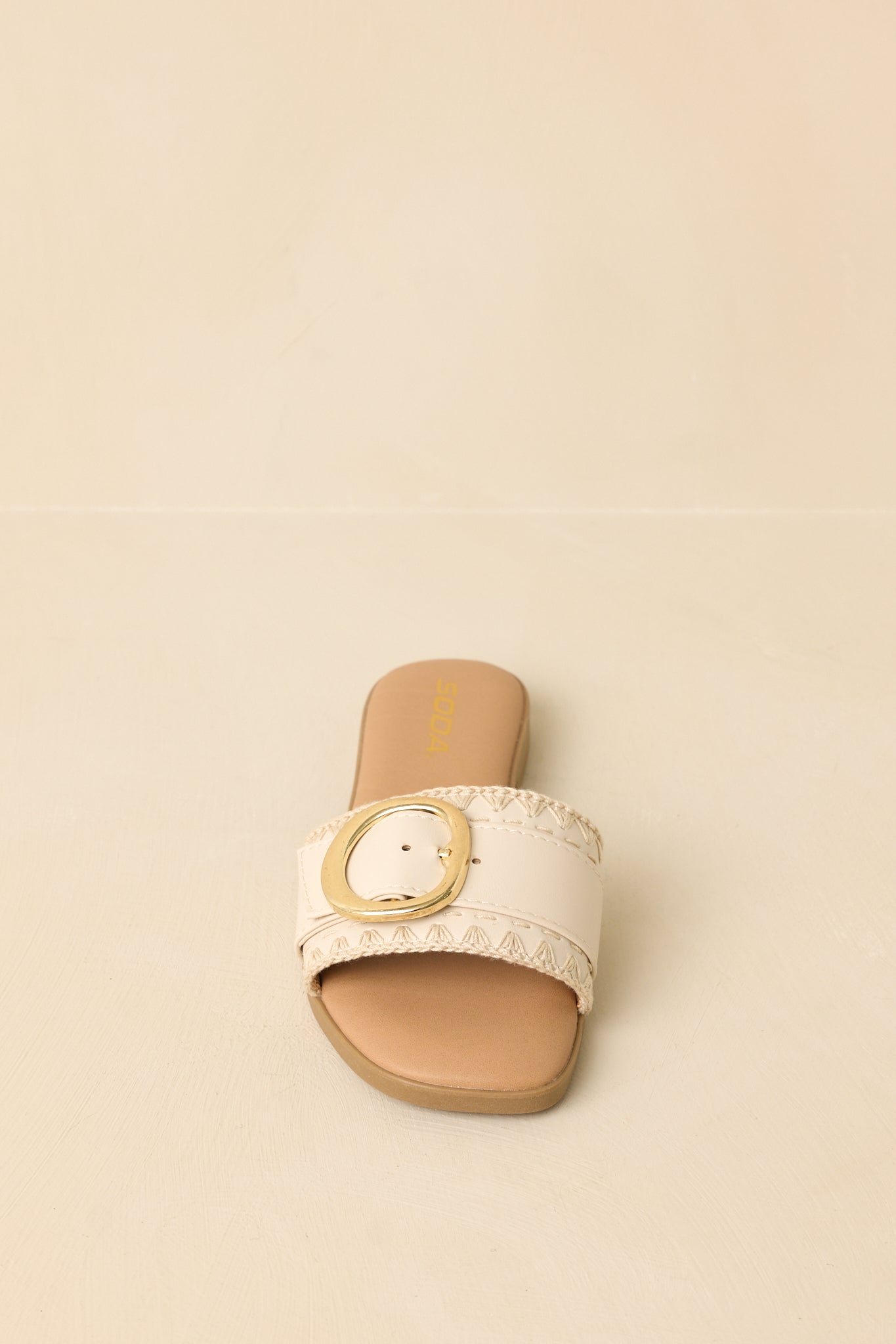 Women's New Adventures Beige Faux Leather Buckle Strap Slide Sandals | All Man Made Materials 5