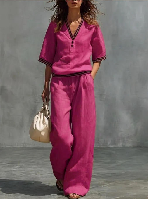 Women's linen two-piece set, color and fit detail
